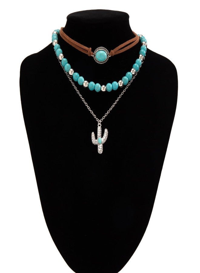 MarveBard Vintage Layered Western Necklace for Women Bohemian Turquoise Beads Western Jewelry Irregular Elliptical Bull Head Cross Boots Cactus Pendant Necklaces Country Concert Outfits Jewelry Accessories (Turquoise Cactus Necklace) - Image 3